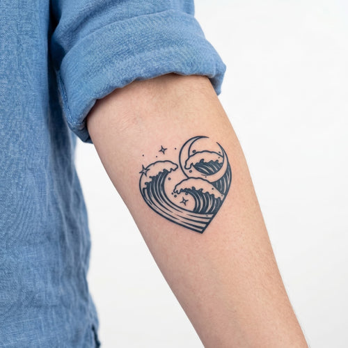 Tatouage ephemere coeur avec vague et étoiles
