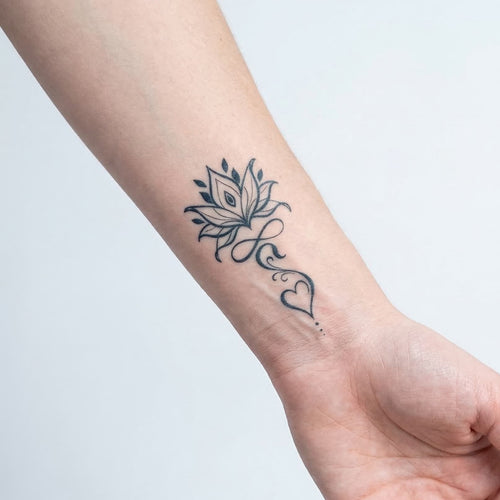 Tatouage ephemere femme unalome lotus symbole infini et coeur