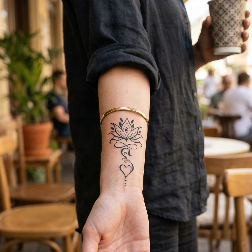 Tatouage femme unalome lotus infini et coeur